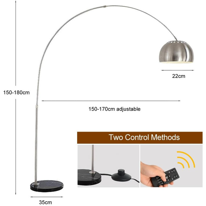 Дуговий світильник ACMHNC Світлодіодний торшер з регулюванням яскравості, Світильник для вітальні з дуговою лампою з пультом дистанційного керування, Торшер хромований з мармуровою основою, регульований по висоті