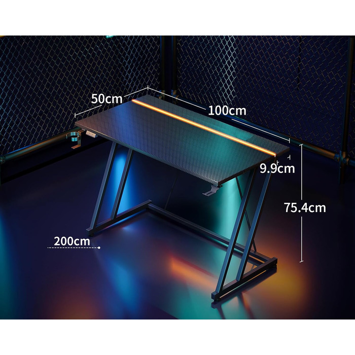 Ігровий стіл ODK 100 x 50 см зі світлодіодним підсвічуванням, ігровий стіл з підставкою для чашок та гачком для навушників, дизайн з подвійною Z-подібною рамою, невеликий комп&39ютерний стіл, чорний колір з вуглецевого волокна, 100 см, чорний колір з вугл