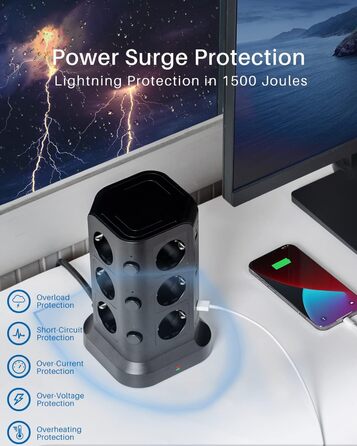 Шляховий подовжувач (4000 Вт/16А), 6 USB-розеток із захистом від перенапруги, індивідуально перемикається розетка для офісного кух