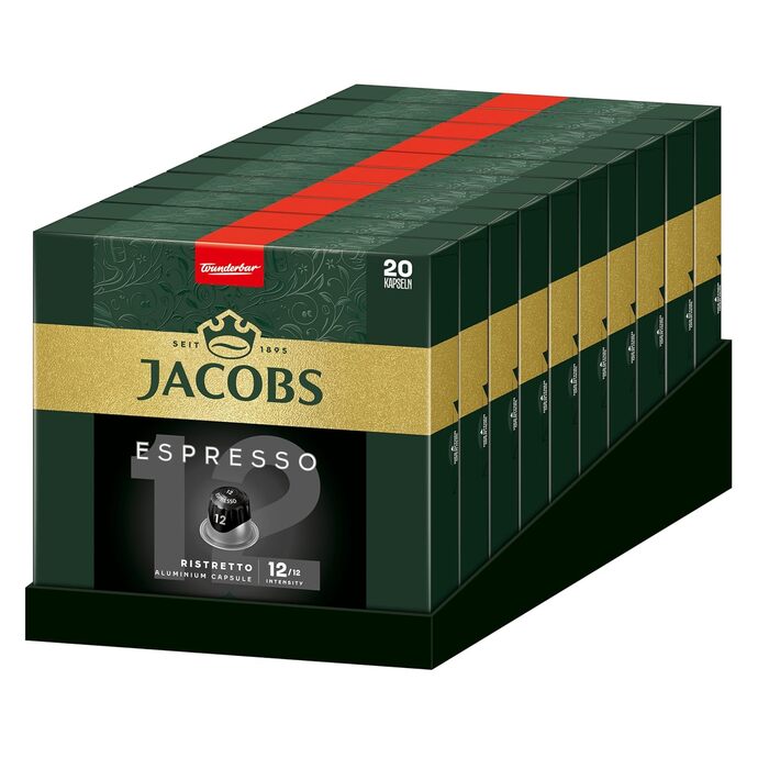 Кавові капсули Jacobs Espresso Ristretto, інтенсивність 12/12, 10 x 20 напоїв, кавові капсули, сумісні з Nespresso*, 200 капсул (20 шт. , упаковка по 10 шт. )