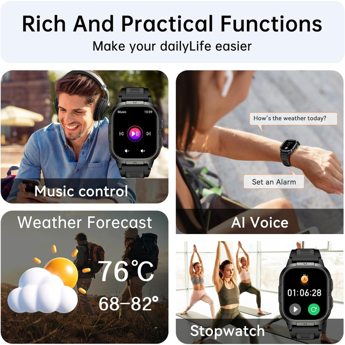 Розумний годинник для чоловіків та жінок з функцією телефону наручний годинник з Bluetooth-дзвінками, водонепроникний фітнес-трекер, розумний годинник з пульсометром, монітором сну, крокоміром, спортивний годинник для Android та iOS, чорний