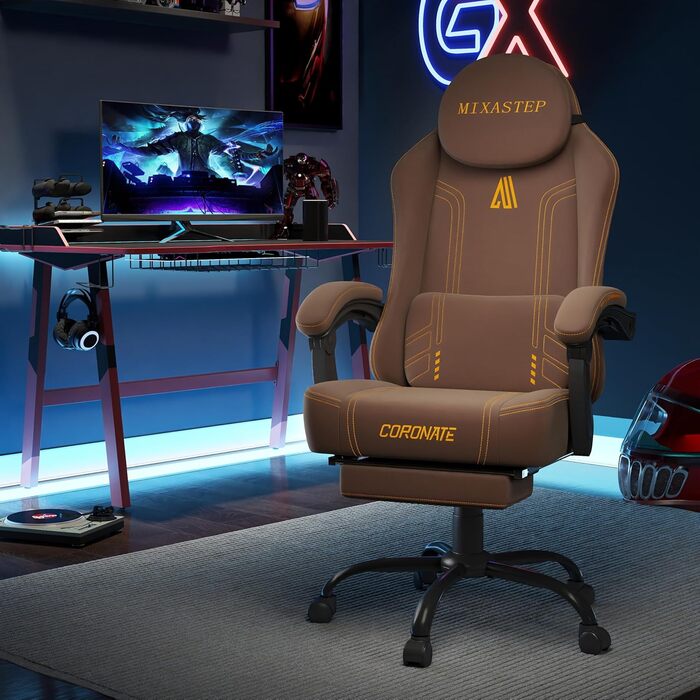 Ергономічне ігрове крісло MIXASTEP з регульованою спинкою та функцією повороту на 360 - Офісне крісло для дорослих/молоді 150 кг, ПК-крісло з технологічної тканини коричневого кольору для домашнього офісу/ігор