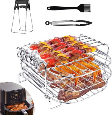 Аксесуари для фритюрниці, 3 рівні решітки для гриля для фритюрниці Багатофункціональна решітка з нержавіючої сталі Стійка для фритюрниці Аксесуари для Philips Airfryer XL 6.2L, COSORI 5.5L 4.7L, Cecotec 6L