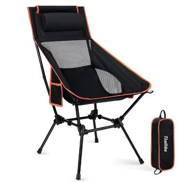 Складане кемпінгове крісло з високою спинкою, вантажопідйомність 150 кг, надлегке портативне складне крісло з підголівником та 2 боковими кишенями, компактне складне рибальське крісло з сумкою для перенесення для кемпінгу, пляжу, активного відпочинку та п