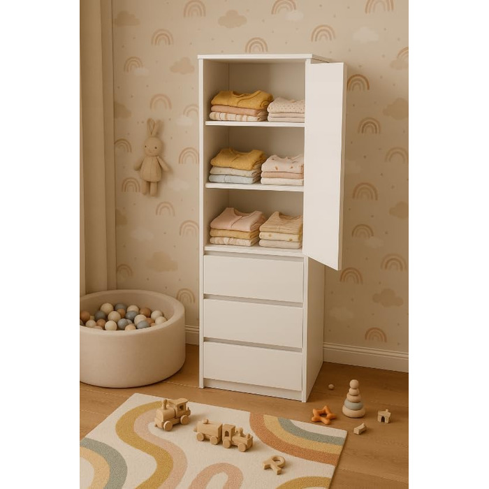 Шафа з шухлядами - Шафа з 3 шухлядами та полицями - Шафа шириною 50 см, висотою 180,5 см, глибиною 40 см - Спальня, дитяча кімната, шафа для білизни - Білий