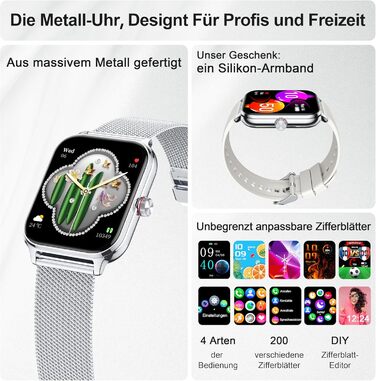 Розумний годинник для чоловіків та жінок, функція телефону, артеріальний тиск, пульс, відстеження сну, 1.96-дюймовий фітнес-годинник зі штучним інтелектом, понад 100 спортивних режимів, водонепроникність IP67, крокомір, будильник, калькулятор, візитна кар