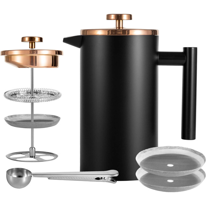 Кавоварка MeelioCafe French PressThermo з нержавіючої сталі 0,35 літра, кавовий прес 350 мл (2 чашки) Маленький, ізольований кавовий фільтр з подвійними стінками, чорний чорний 350 мл