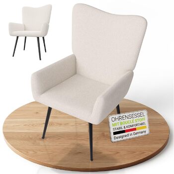 Крісло-підлокото Juskys Odense без пуфа, реклайнер з тканиною букле, скандинавський стиль, висока спинка та оббивка, сталевий каркас бежевий букле - бежевий без пуфа