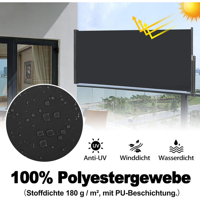 Розсувна бічна маркіза, екран для забезпечення конфіденційності, сонцезахисний козирок, вітрозахисна, водостійка поліестерова бічна рулонна штора з алюмінієвого настінного кронштейна для патіо, балкона, забезпечення конфіденційності (100x300 см, антрацит)