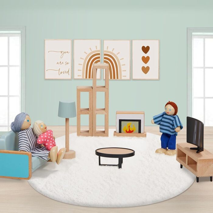 Набір меблів для лялькового будиночка "Гігантська квасоля", дерев&39яний, 36 предметів з 4 сімейними ляльками, аксесуари для ляльок, іграшка для хлопчиків, дівчаток та малюків від 3 років