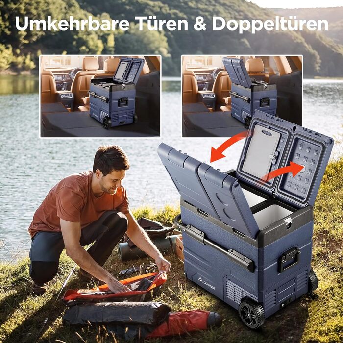 Компресорна холодильна камера, автомобільна холодильна камера з USB-з'єднанням, 55 л з двома зонами і подвійними дверима, електрич