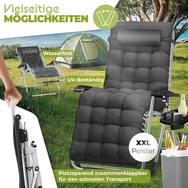 Шезлонг KESSER, складаний та водонепроникний, садовий стілець, вантажопідйомність 200 кг, ергономічна подушка, надзвичайно широкий, регульована спинка, садовий шезлонг з подушкою для шиї та тримачем для напоїв, антрацитовий