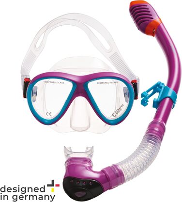 Набір для підводного плавання La Gomera Pro Jr. для дітей Розроблено в Німеччині Професійний силіконовий 2-елементний дитячий дайвінг-набір (маска для підводного плавання, трубка та сітчаста сумка) з сухою трубкою та захисною лінзою рожевого/блакитного ко