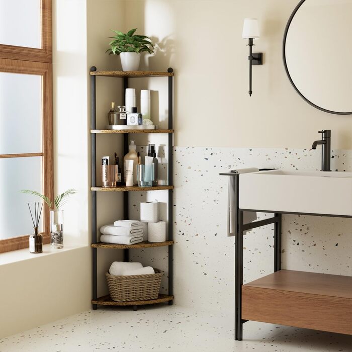 Кутова полиця Ruichang, стояча, 5 ярусів, книжкова полиця, окремостояча полиця, полиця для зберігання, стелаж для кухні, ванної кімнати, вітальні, офісу, 143,5 x 29 x 29 см, чорний