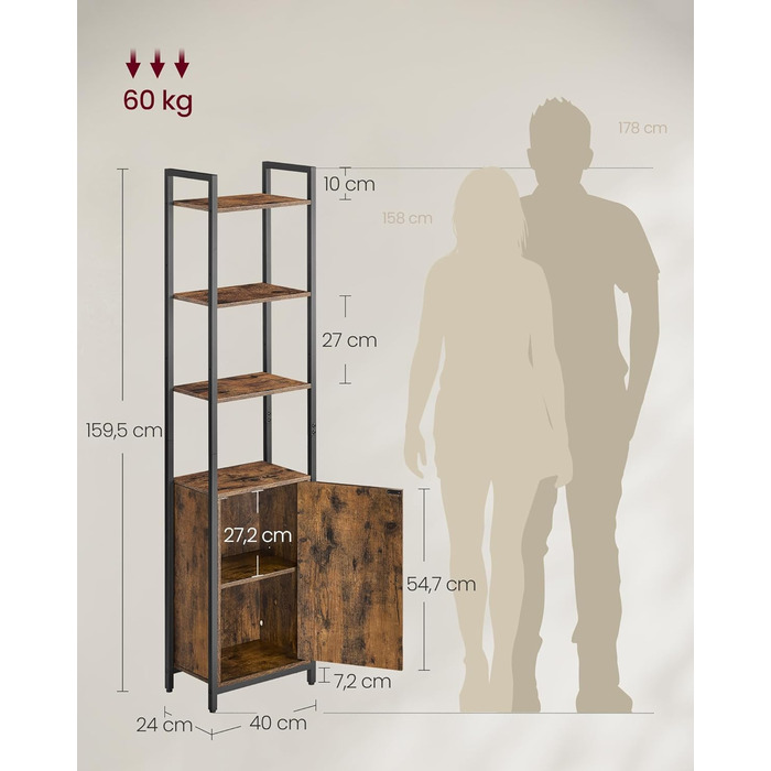 Книжкова полиця VASAGLE, 6 ярусів, полиця, окремостояча полиця з дверцятами, металевий каркас, регульовані полиці, 24 x 40 x 159,5 см, для вітальні, спальні, вінтажний коричневий-чорний LLS132K01 40B см Вінтажний коричневий чорнильний