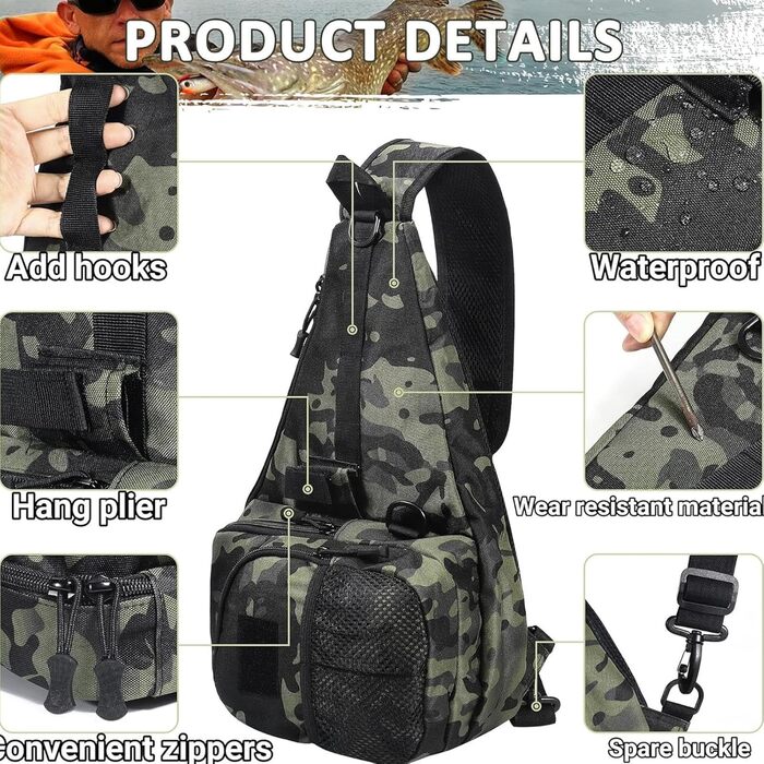 Рибальська сумка Alwida, рибальський рюкзак Водонепроникна сумка для зберігання через плече, тримач для снастей, регульований рюкзак для риболовлі на ремні з тримачем для вудки для камуфляжу для подорожей і походів