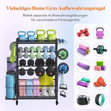 Стійка для штанг Lifewit для домашнього спортзалу, зберігання штанг із замикаючимися універсальними колесами та гачками, стійка для гир, тримач для килимка для йоги, стійка для силових тренувань, полиця для ваг для дому, гаража, середня