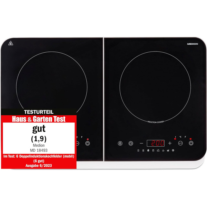 Подвійна індукційна конфорка MEDION, 3500 Вт, дві конфорки, 10 рівнів температури, LED-дисплей, MD18493, чорний подвійний Сенсорна верхня частина управління
