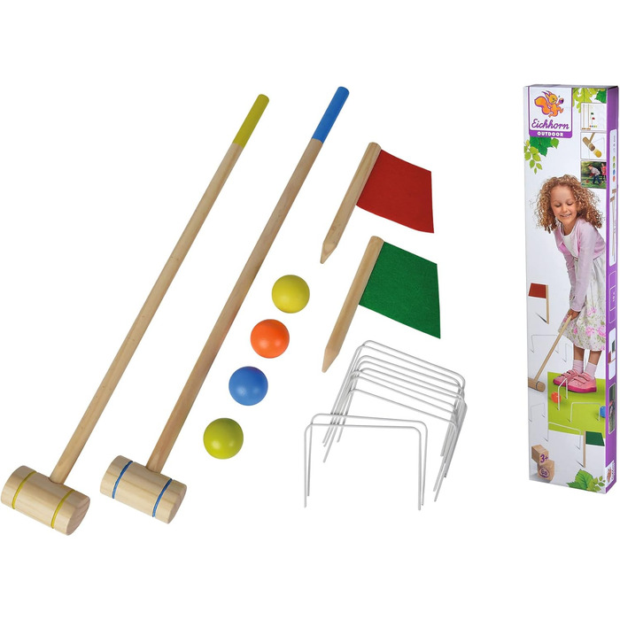 Крокетна іграшка Eichhorn для активного відпочинку на відкритому повітрі, з 2 молотками та 4 м&39ячами, включаючи стартовий/фінішний прапорець та 10 обручів, виготовлена з соснової деревини, від 3 років, одинарна