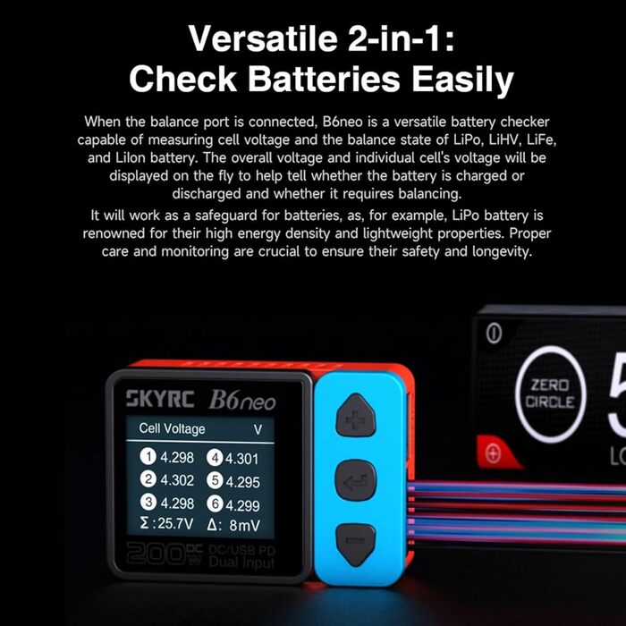 Розумний зарядний пристрій GoolRC B6neo для LiPo акумуляторів, DC 200 Вт PD 80 Вт, балансувальний зарядний пристрій та розрядник для акумуляторів LiPo/Life/LiIon/LiHV 1-6 с, NiMH/NiCd 1-15 с (синій)