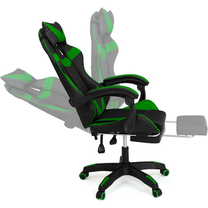 Регульоване ігрове крісло Alex з підніжкою, подушками для голови та попереку, чорно-зелене