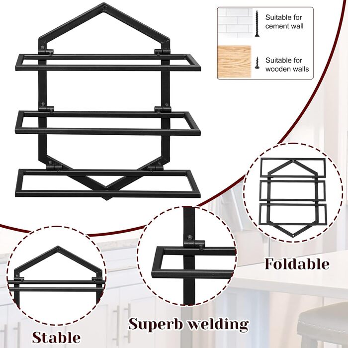 Металева настінна винна стійка, підвісний тримач для винних келихів, підставка-органайзер для 3 пляшок, винна стійка, червона винна стійка для дому, кухні, бару, декору, чорного кольору B2, 2 шт.