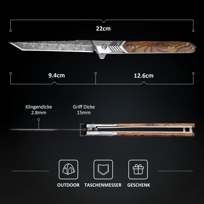 Тонкий складаний ніж, кишеньковий ніж з дерев'яною ручкою, одноручний ніж з піхвами, EDC ніж, ніж для джентльменів, ніж для активн