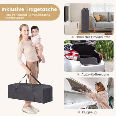 Складане дитяче ліжечко COSTWAY 3 в 1, 2-рівневе дорожнє ліжечко зі складним матрацом, пеленальний килимок, музичний мобіль, ігрова арка та сумка для перенесення, бічний ліжечко з колесами для дитини до 3 років (темно-сірий)