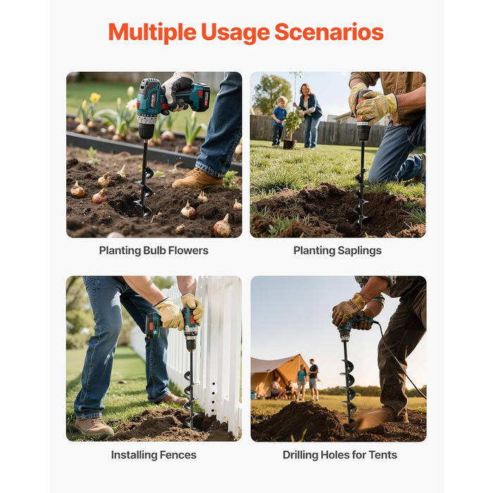 Бур для земляного буріння, діаметр 8x60 см, для стовпів, з шестигранним хвостовиком 3/8 дюйма, бур для копання ям, насадка для буріння отворів для встановлення садових стовпів та огорож