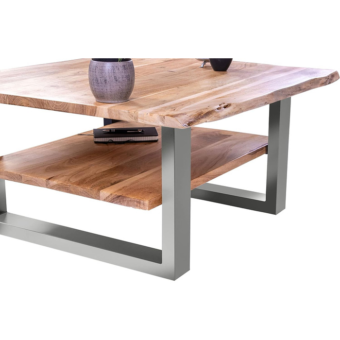 Журнальний столик SAM B-класу 115x65 см Philipp, диванний столик з полицею, масив акації натуральний колір лакований, журнальний столик зі справжнім живим краєм, U-подібна рама срібляста 115 x 65 см натуральний колір / сріблястий