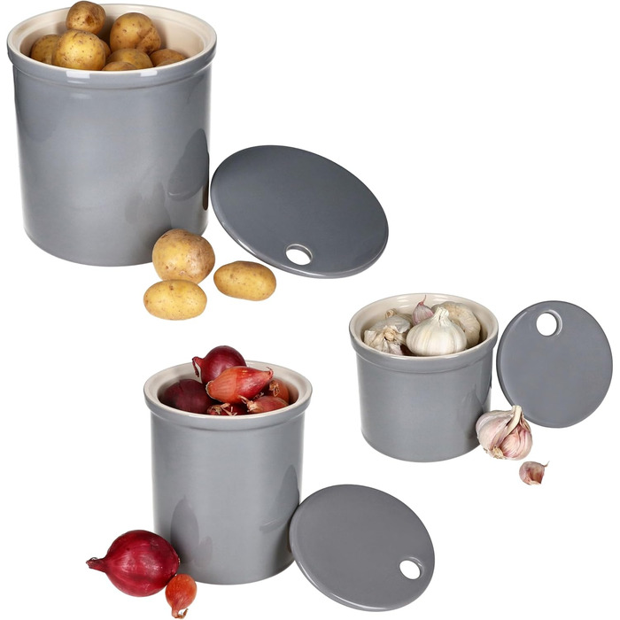 Набір із 3 контейнерів для зберігання Oskar MamboCat розмірів S, M та L сірого кольору Горщик із кришкою для картоплі, цибулі та часнику з білої глини для вашої кухні Циліндрична скринька для зберігання