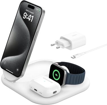 Індуктивна зарядна станція 3-в-1 Belkin BoostCharge Qi2, 15 Вт, складна підставка, сумісна з MagSafe, для Apple iPhone 16/15, Appl