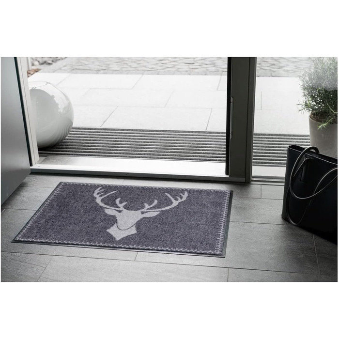 Килимок для передпокою Salonloewe з візерунком Олень Франц, що миється, антрацитовий, 50 x 75 см, килимок для входу на вулицю, сільський стиль, килимок для передпокою