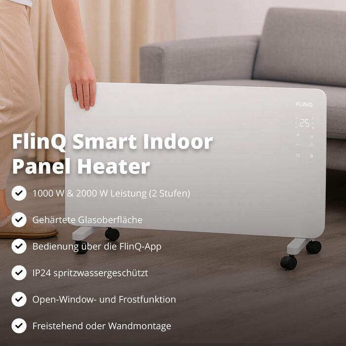 Розумний конвектор FlinQ 2000 Вт - Скляний конвектор, керування за допомогою застосунку - Обігріває до 60 м - Портативний електричний обігрівач - 96 x 46 x 13 см - Білий