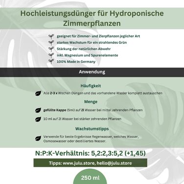 Добриво JULU для гідропоніки кімнатних рослин, більше 100л води для поливу, гідродобриво рідке - сильні та здорові рослини - 250 мл