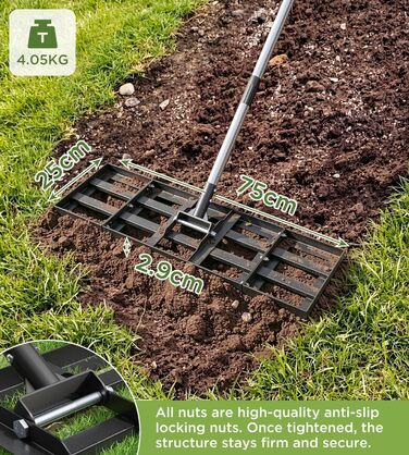 Вирівнювач для газону 75x25 см з регульованою ручкою, граблі-рівняльник з нержавіючою сталевою ручкою 180 см, міцний та енергозберігаючий вирівнювач для саду, подвір'я, гольф-поля, легке вирівнювання піску та ґрунту 75 x 25 см