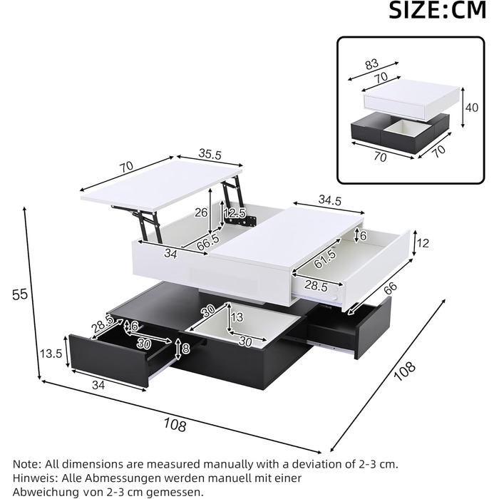 Журнальний столик Merax, що обертається на 360, сучасний журнальний столик, підйомний стіл для вітальні з 3 шухлядами та місцем для зберігання, глянцевий диванний столик, квадратний бічний столик білого та чорного кольорів, 70x70x40 см білого та чорного к