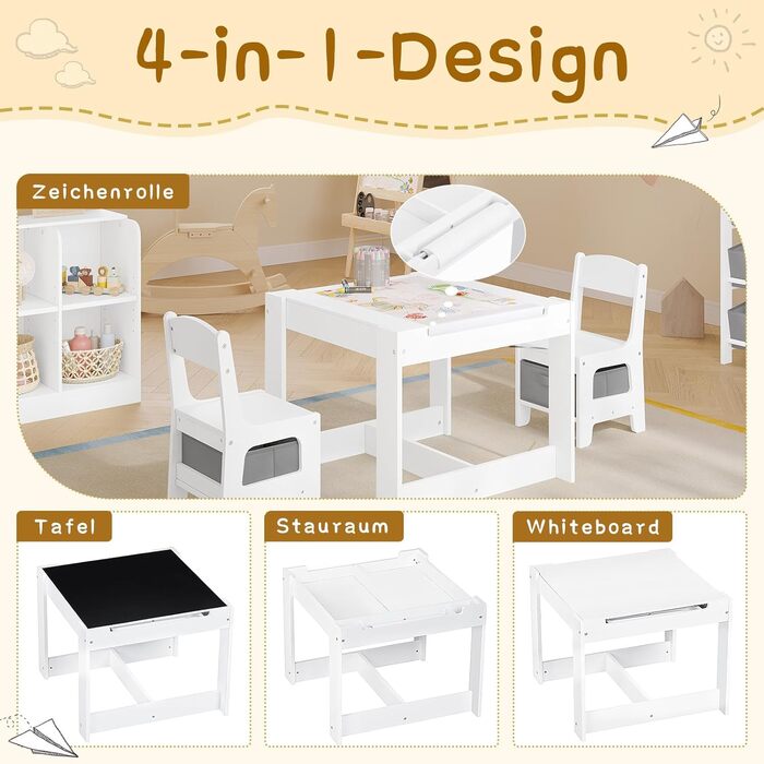 Дитячий стіл Lestaraiin з 3 предметів та 2 стільцями, дитяча група сидінь, комплект дитячих меблів з місцем для зберігання, художній стіл для дошкільнят, стільниця з дошкою для малювання та рулоном паперу, для дитячої кімнати/ігрової кімнати, білий