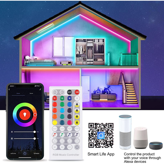 Світлодіодна стрічка Alexa 5050 RGB Світлодіодні стрічки, керовані APP музичні світлодіодні струнні ліхтарі, сумісні з Alexa, світлодіодною стрічкою Google Assistant, що змінює колір, світлодіодною стрічкою з пультом дистанційного керування та джерелом жи