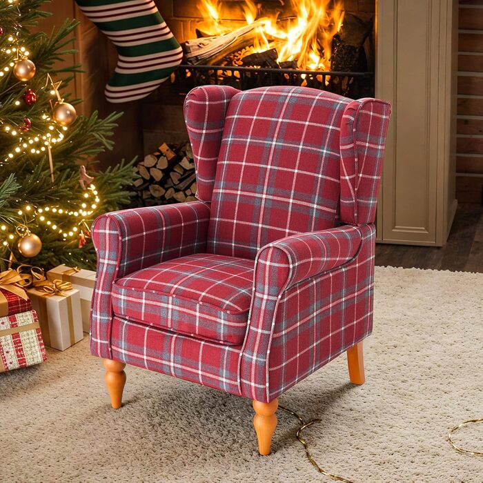 Крісло з відкидною спинкою, вінтажне крісло з дерев&39яними ніжками, м&39яке крісло-реклайнер, крісло для вітальні, спальні, лляне (червоне)