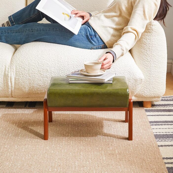 Невеликий пуф-табурет, прямокутний пуф-підставка зі штучної шкіри з м&39яким сидінням та дерев&39яними ніжками, сучасний низький пуф-підставка для вітальні/спальні, темно-зелений WBD013GR, 10.2H