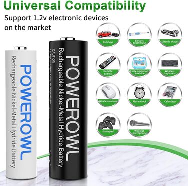 Зарядний пристрій POWEROWL з 4 батарейками типу AA 2800 мАг 4 батарейками типу AAA 1000 мАг - Зарядний пристрій для Ni-MH акумуляторних батарейок типу AA/AAA, швидкий зарядний пристрій з 8 батарейками