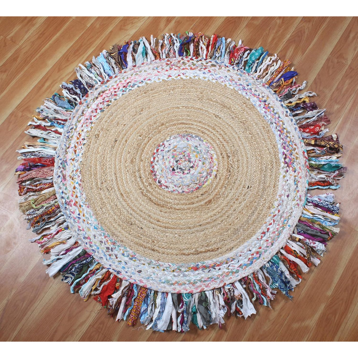 Індійський круглий килим ручної роботи CASAVANI, 12 різнокольорових кіл, килим кілім, натуральна китиця, бавовна чінді, джутовий к