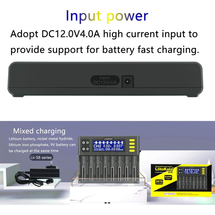 Інтелектуальний зарядний пристрій Docooler Liito Kala LII-S8, 8 слотів, автоматичний/ручний, світлодіодний, сумісний із літієвими акумуляторами 18650, 26650, 21700, 26700, AA, AAA