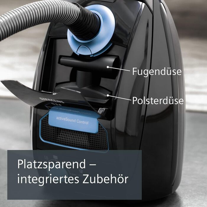 Пилосос із мішком Siemens Q5.0 extreme silencePower VSQ5X1230, для алергіків, гігієнічний фільтр, висока потужність всмоктування, насадка для паркету, килимів та плитки, довгий кабель, 850 Вт, чорний (Basic Schwarz)