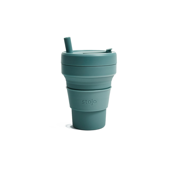Складана кавова кружка STOJO On-The-Go Biggie з кришкою, 473 мл, багаторазова та складна силіконова дорожня кружка, портативна, кишеньковий розмір, можна мити в посудомийній машині, евкаліпт