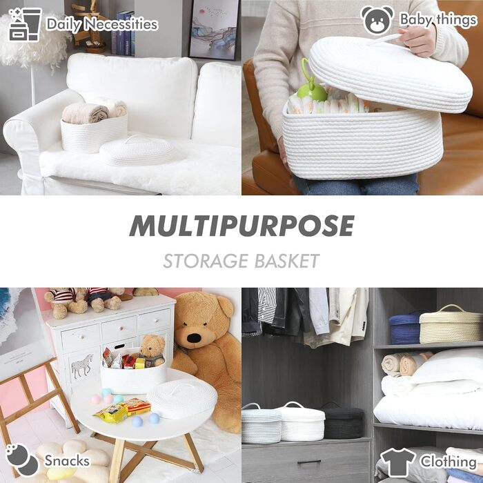 Кошик для зберігання Sea Team Oval з бавовняної мотузки з кришкою, плетений кошик для зберігання з кришкою, дитяча кімната, кошик для підгузків, кошик для дитячого душу, коробка, органайзер, 38,1 x 27,9 x 16,5 см, білий