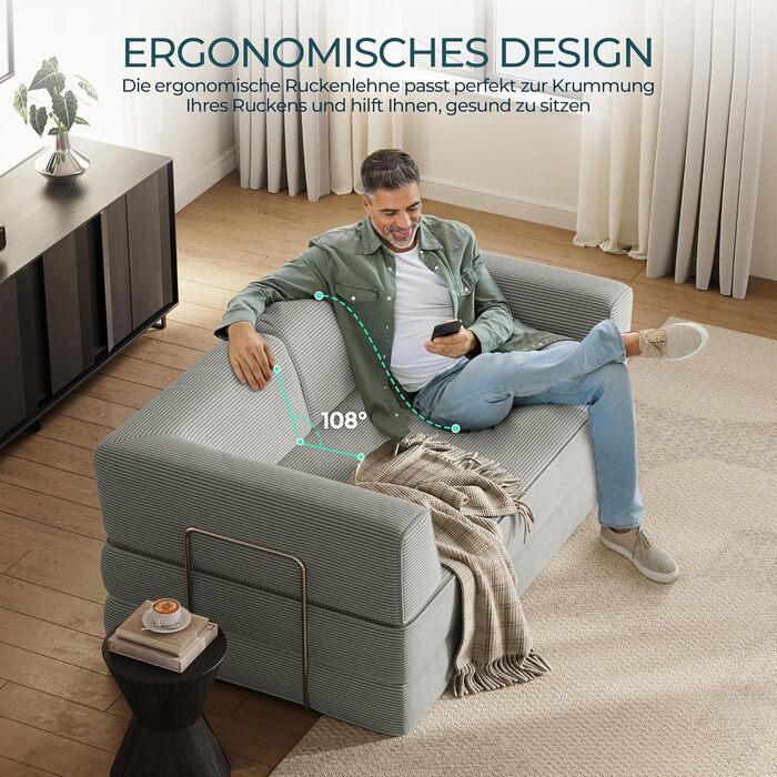 Розкладний диван LINSY HOME - Розкладний диван-ліжко з підлокітником та подушкою для спини - Розкладний диван-ліжко, ширина 160 см - Стиснутий диван у коробці - Вельветова тканина для вітальні, спальні, сірий колір, ширина 1,6 м