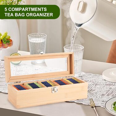 Чайна коробка, чайні коробки для чайних пакетиків, коробка для зберігання чайних пакетиків з 4 регульованими відділеннями та оглядовим віконцем, дерев&39яна чайна коробка, коробки для зберігання чаю з кришкою, 9x30x10 см