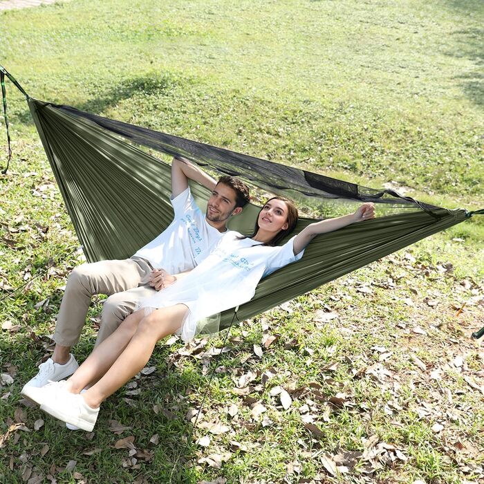 Гамак для кемпінгу з москітною сіткою та коньковим шнуром, надзвичайно великий для 2 осіб 290 x 140 см, універсальний швидкознімний надлегкий гамак для використання на свіжому повітрі, походів, подорожей та походів, колір 01-армійський зелений